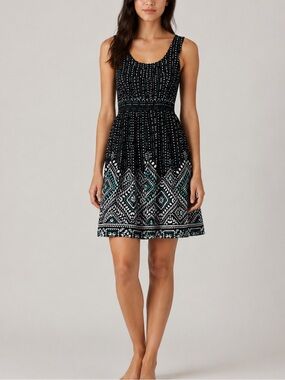 Spense Black Sleeveless Cotton Dress with Teal & White Pattern S 6